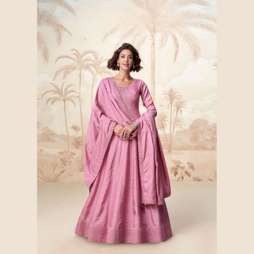 Elegant Pink Silk Anarkali Gown with Dupatta – Party Wear
