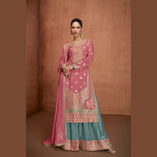 Designer Pink & Teal Real Chinon Sharara Suit with Dupatta