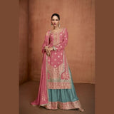 Designer Pink & Teal Real Chinon Sharara Suit with Dupatta