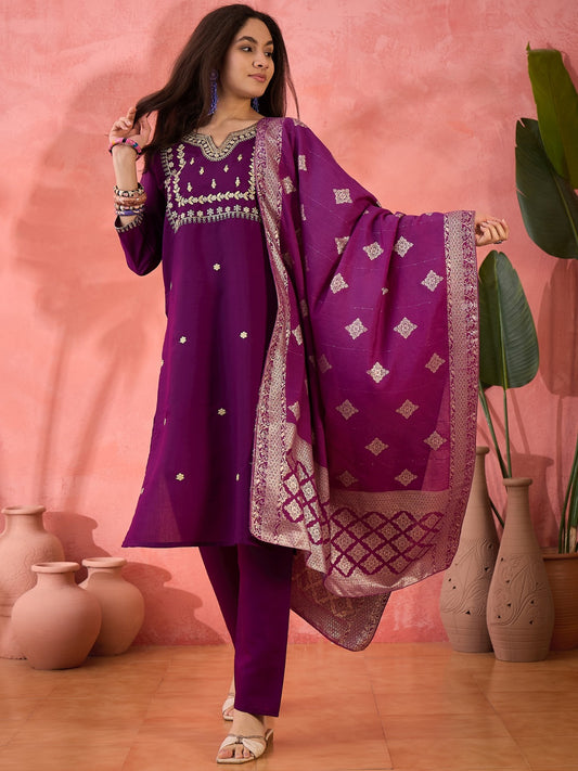 Majestic Purple Hand-Embroidered Kurta Set with Silver Zari Banarasi Dupatta