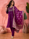 Majestic Purple Hand-Embroidered Kurta Set with Silver Zari Banarasi Dupatta