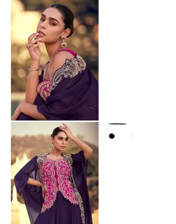 Plum Purple Indo Western Dress with Pink Embroidered Silk Blouse