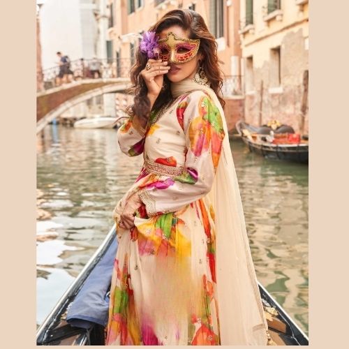Elegant Cream Floral Anarkali Gown in Chinon Silk with Dupatta