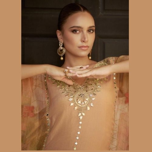 Golden Jacquard Silk Kaftan Suit with Gharara & Mirror Work