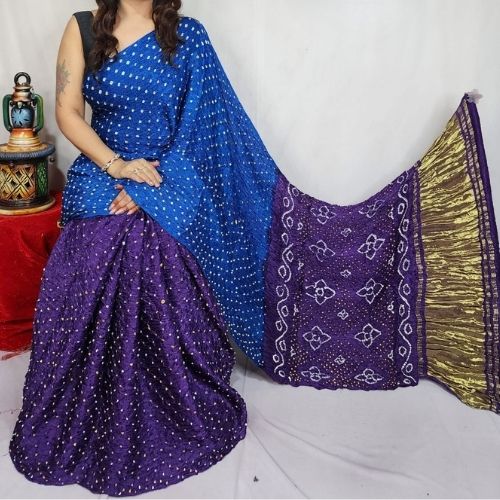 Purple/Sky Blue Modal Silk Bandhni Saree with Blouse