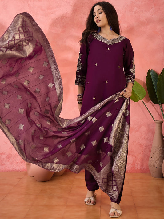 Royal Purple Embellished Kurta Set with Luxurious Banarasi Silk Dupatta