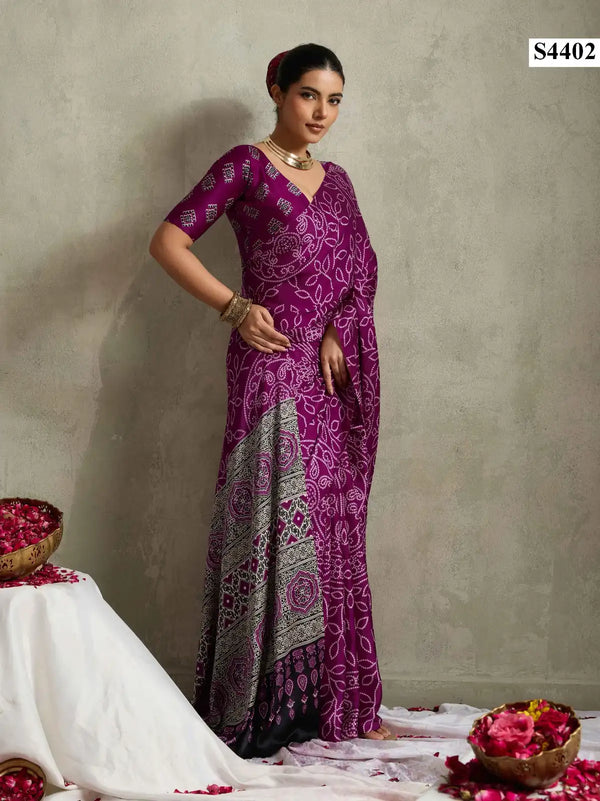 Purple Bandhani Satin Printed Saree for Women