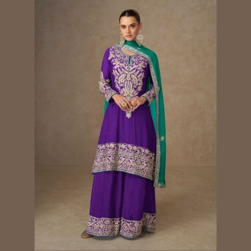 Purple Real Chinon Kurta Palazzo Set with Dupatta