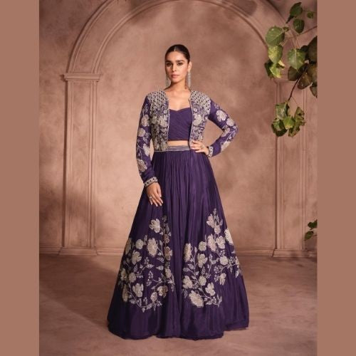 Purple Premium Chinon Silk Lehenga with Embroidered Shrug