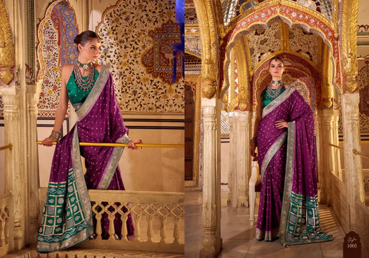 Royal Purple Satin Silk Saree with Green Pallu – Perfect for Weddings