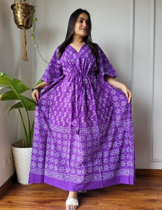 Purple Hand Block Printed Cotton Kaftan – Free Size (36–52)