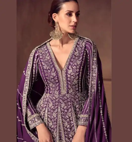 Purple Heavy Embroidered Party Wear Anarkali Gown