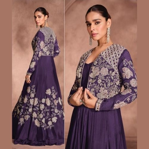 Purple Chinon Silk Embroidered Lehenga with Shrug & Blouse