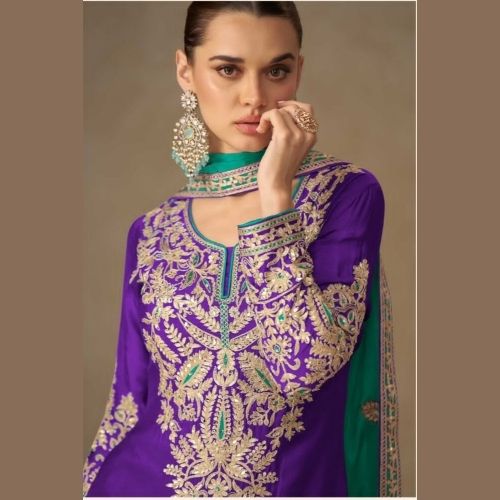 Purple Real Chinon Palazzo Suit with Embroidered Dupatta