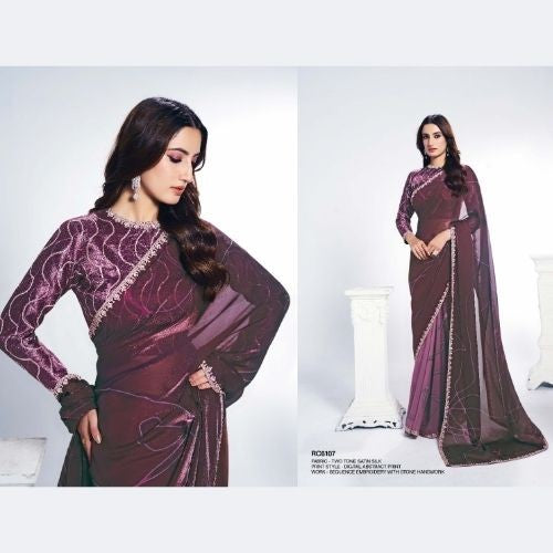 Purple Satin Silk Saree with Embroidery & Digital Abstract Print