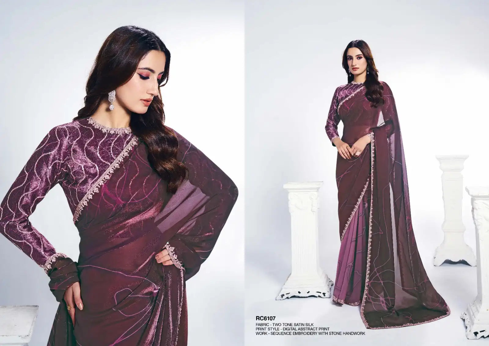 Purple Satin Silk Saree with Embroidery and Digital Abstract Print