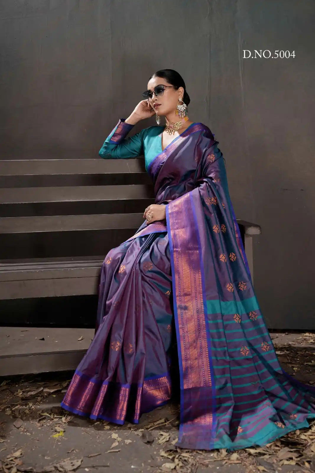 Premium Soft Banarasi Silk Saree with Elegant Chit Pallu – Purple & Teal