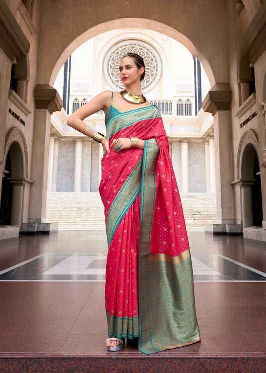 Magenta Pink & Teal Pure Soft Silk Saree with Zari Border