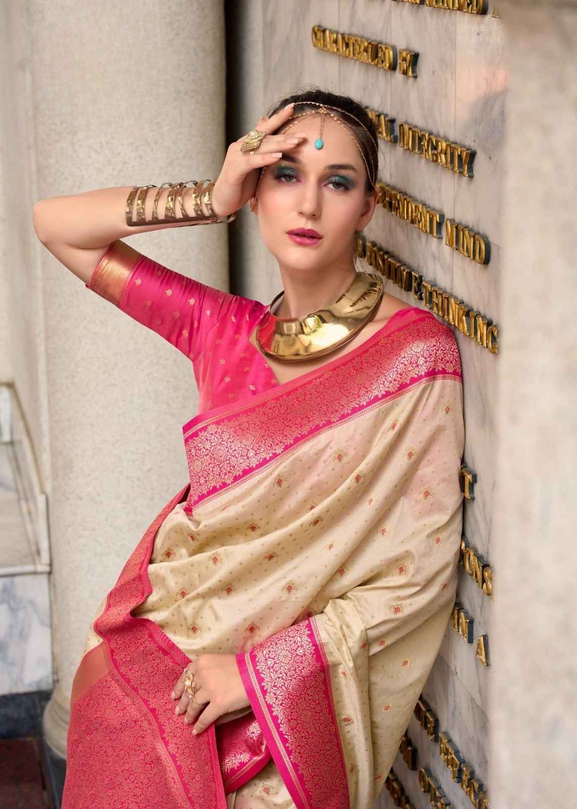 Cream & Rani Pink Pure Soft Silk Saree with Zari Detailing