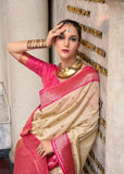 Cream & Rani Pink Pure Soft Silk Saree with Zari Detailing