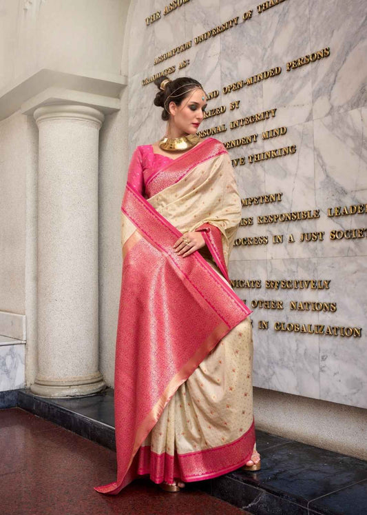Cream & Rani Pink Pure Soft Silk Saree with Zari Detailing