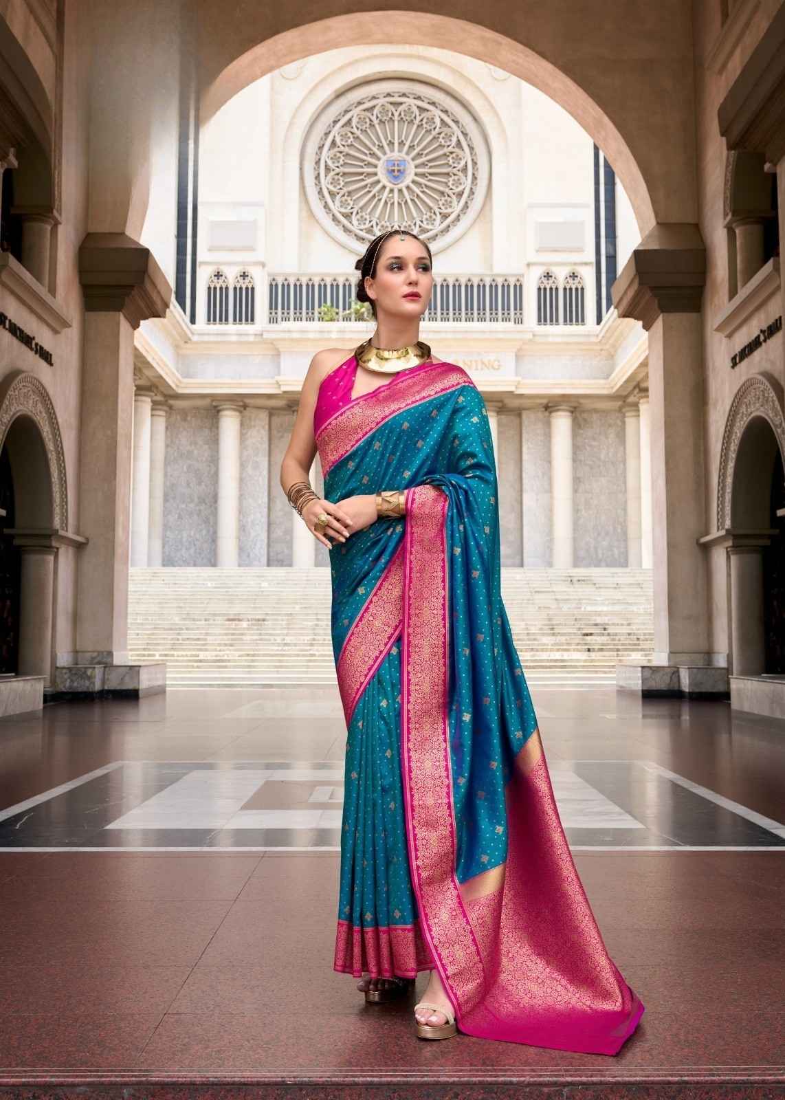 Peacock Blue & Rani Pink Pure Soft Silk Saree with Zari Weave