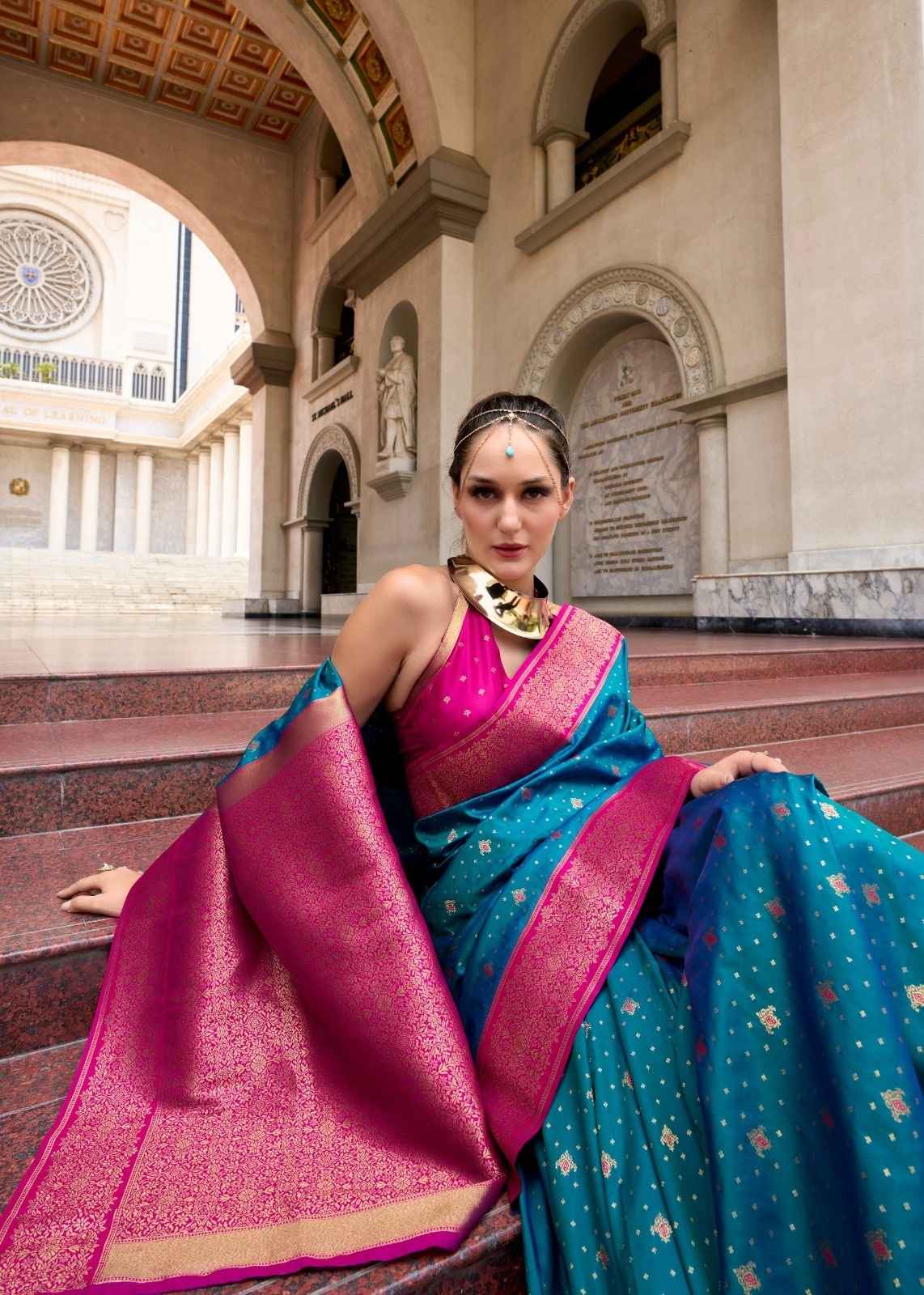 Peacock Blue & Rani Pink Pure Soft Silk Saree with Zari Weave