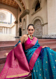 Peacock Blue & Rani Pink Pure Soft Silk Saree with Zari Weave