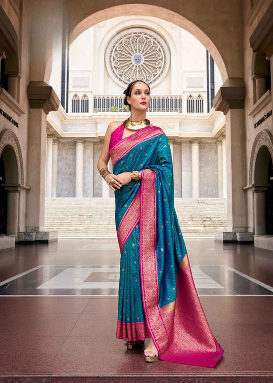 Peacock Blue & Rani Pink Pure Soft Silk Saree with Zari Weave