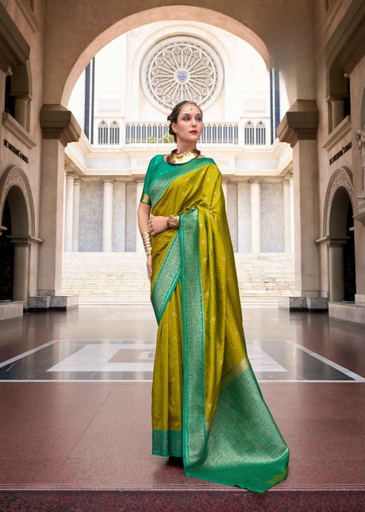 Olive Green & Teal Pure Soft Silk Saree with Zari Border