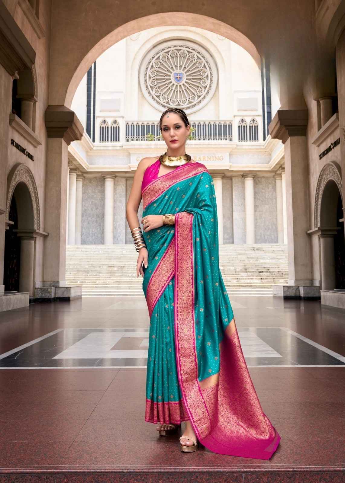 Teal & Rani Pink Pure Soft Silk Saree with Zari Embellishment