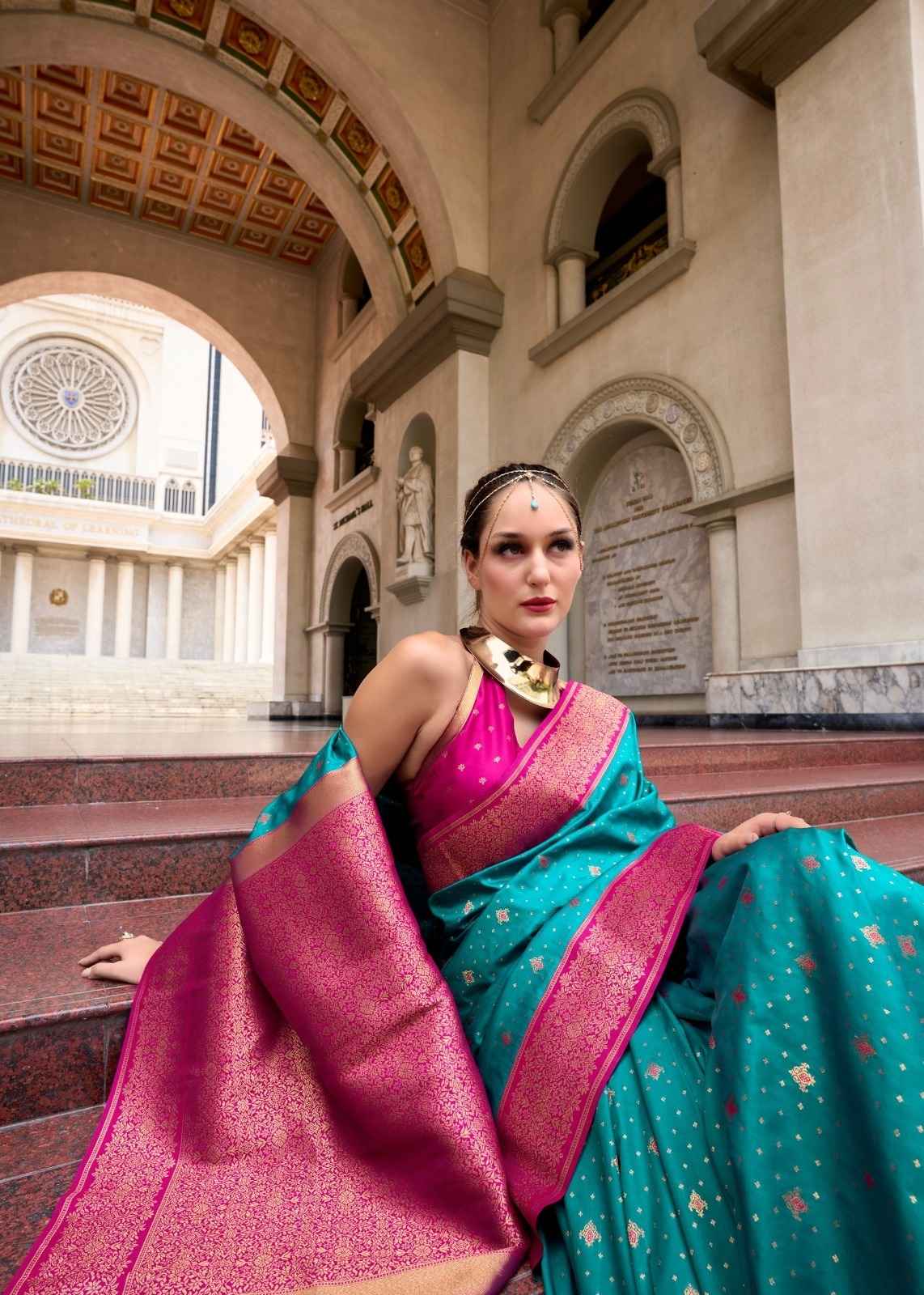 Teal & Rani Pink Pure Soft Silk Saree with Zari Embellishment