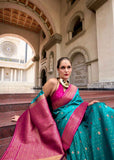 Teal & Rani Pink Pure Soft Silk Saree with Zari Embellishment