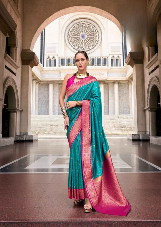 Teal & Rani Pink Pure Soft Silk Saree with Zari Embellishment