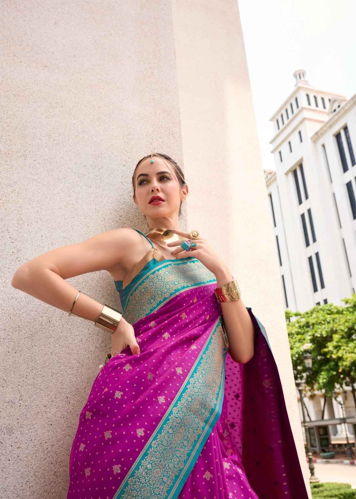 Magenta & Teal Pure Soft Silk Saree with Antique Zari Weave