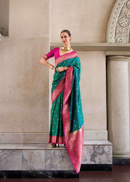 Emerald Green & Rani Pink Pure Soft Silk Saree with Zari Work