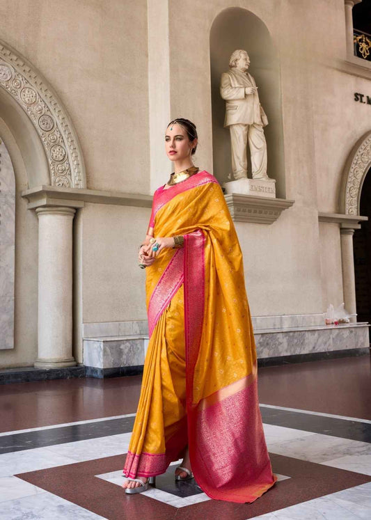 Mustard Yellow & Rani Pink Pure Soft Silk Saree with Zari Weave