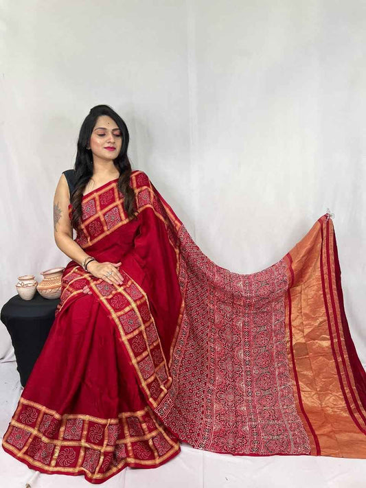 Reddish Maroon Check Modal Silk Ajrakh Handblock Printed Saree