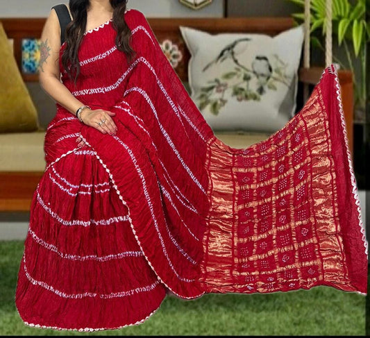 Red Shibori Line Modal Silk Saree - Festive Handcrafted Elegance