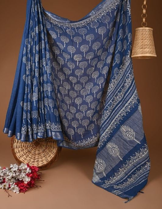 Royal Blue Hand Block Printed Linen Saree with Blouse Piece