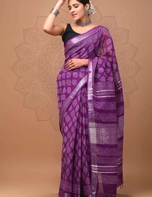 Royal Purple Hand Block Printed Linen Saree with Blouse