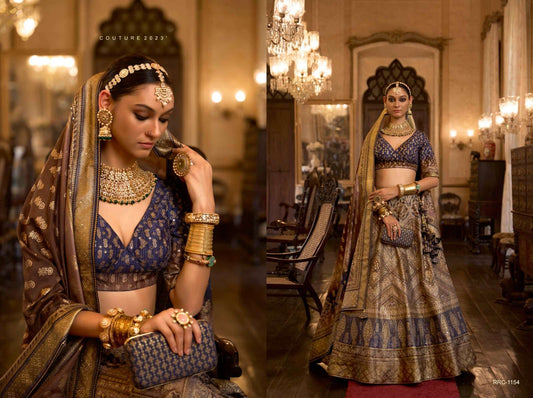 Emerald Green Royal Elegance PV Silk Embroidered Lehenga (Muted Indigo)