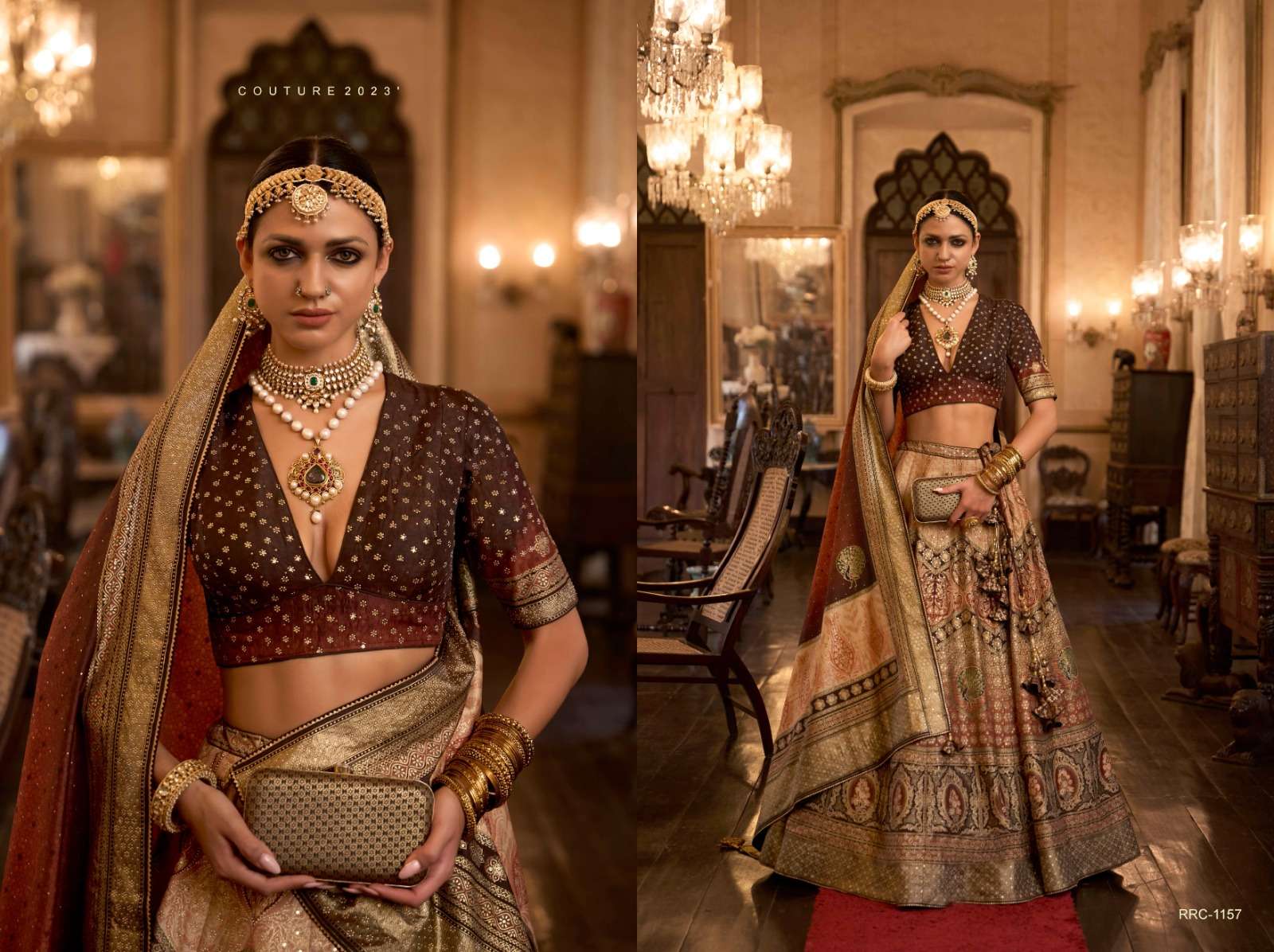 Emerald Green Royal Elegance PV Silk Embroidered Lehenga (Rich Espresso Brown)