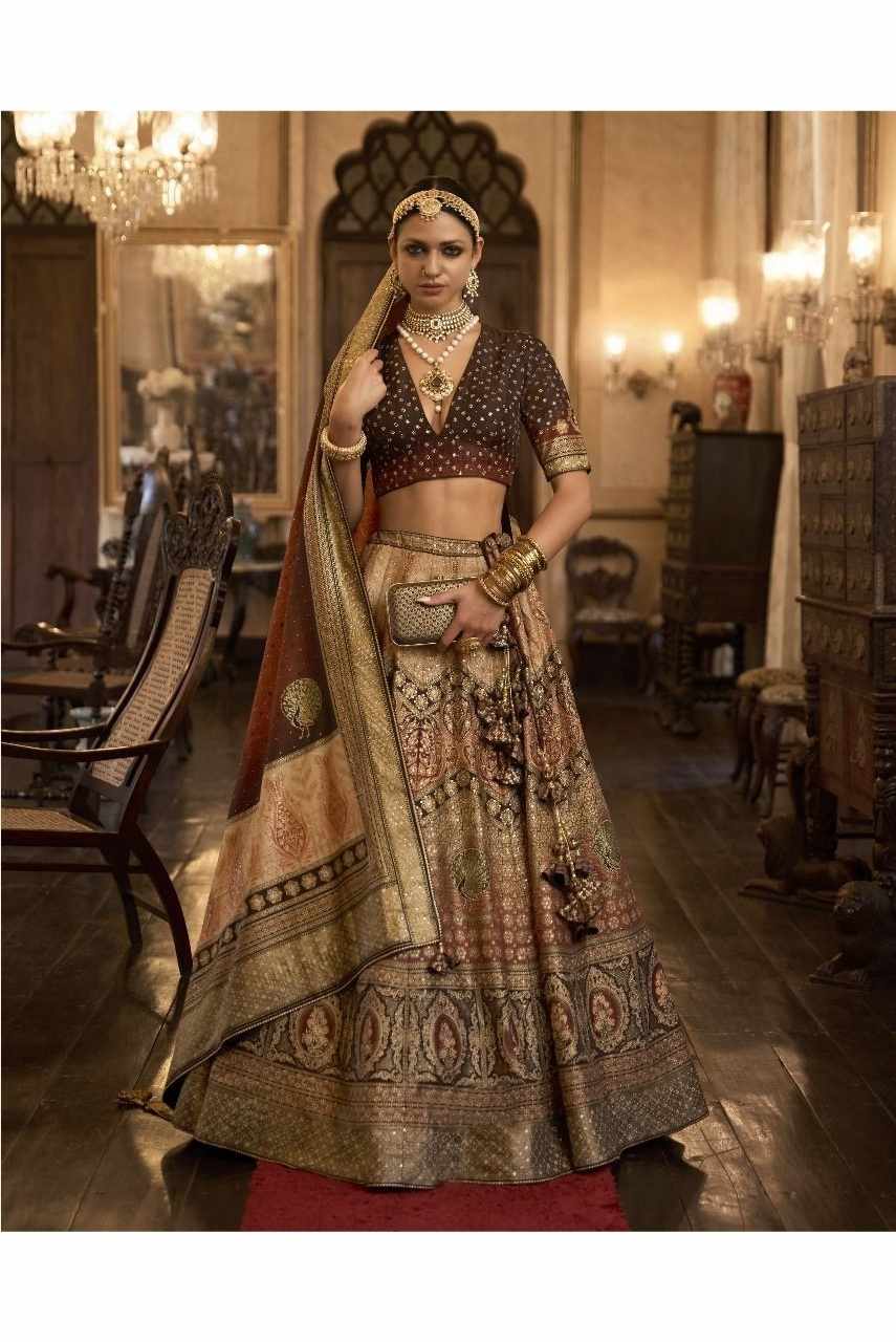 Emerald Green Royal Elegance PV Silk Embroidered Lehenga (Rich Espresso Brown)