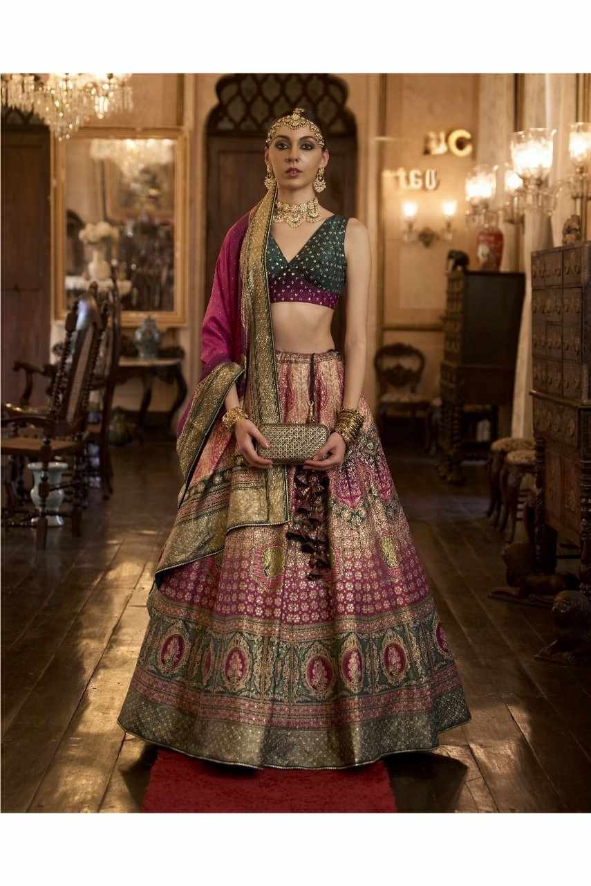 Emerald Green Royal Elegance PV Silk Embroidered Lehenga (Dark Aubergine)