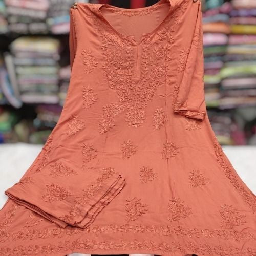 Elegant Rust Chikankari Modal Kurta Set with Dupatta