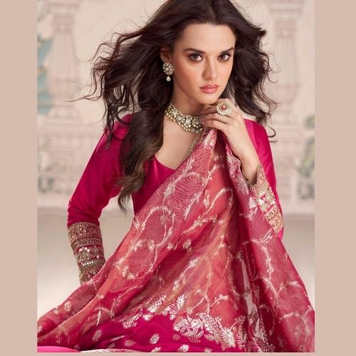 Elegant Rani Pink Silk Anarkali Gown