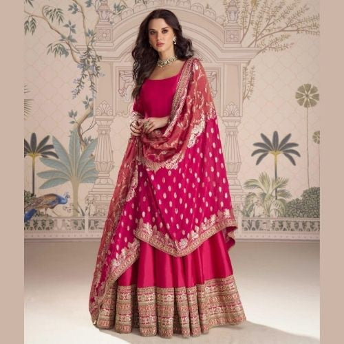 Elegant Rani Pink Silk Anarkali Gown with Jacquard Dupatta