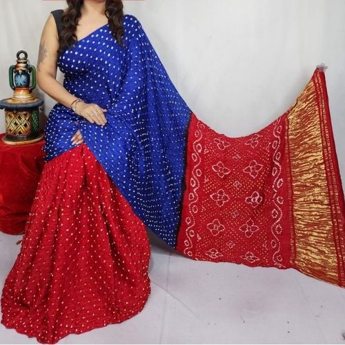 Red/Blue Modal Silk Bandhni Saree with Blouse