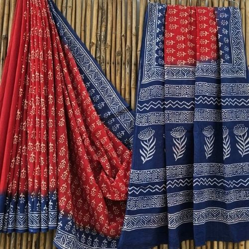 Red and Blue Floral Print Mulmul Cotton Saree with Geometric Border